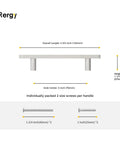 Diagram of 10 Pack Brushed Nickel Cabinet Handles, 4-3/4 inch length, 3 inch center to center holes, includes screw sizes.