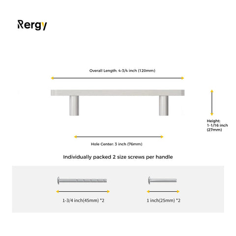 Diagram of 10 Pack Brushed Nickel Cabinet Handles, 4-3/4 inch length, 3 inch center to center holes, includes screw sizes.