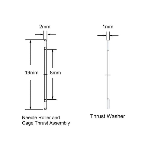 Diagram of AXK0819 Thrust Needle Roller Bearing Set with Washers, showing dimensions 8mm bore, 19mm OD, 2mm width, heavy duty use