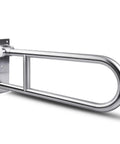 Sturdy 23.6 Inch Stainless Steel Toilet Grab Bar With Flip Up Design For Bathroom Safety, mounted and folded in a horizontal position.