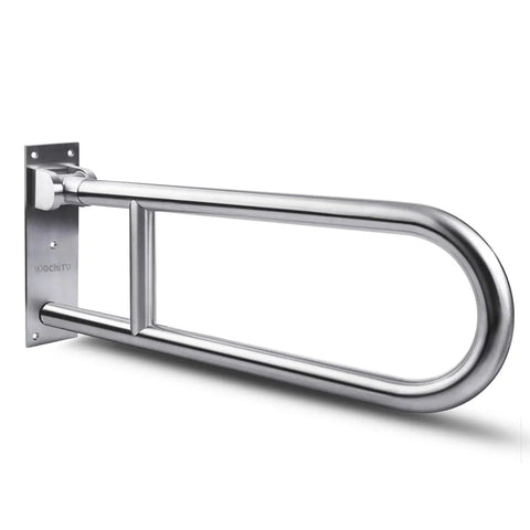 Sturdy 23.6 Inch Stainless Steel Toilet Grab Bar With Flip Up Design For Bathroom Safety, mounted and folded in a horizontal position.