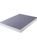 Full Size Metal Box Spring With 4 Inch Mattress Foundation Backed By Heavy Duty Steel Core And Tightly Aligned Wood Slats, viewed from the side.