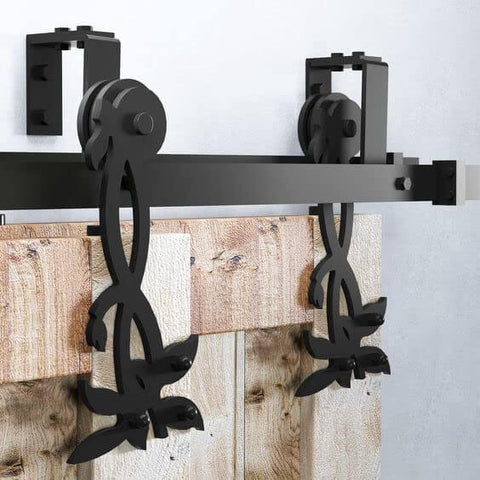Black Rustic Double Track U Shape Bypass Sliding Barn Door Hardware Kit For Two Doors 14ft Flat Track With Flower Roller Design