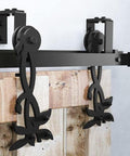 Rustic Black Sliding Barn Door Hardware Kit For Two Doors With 9ft Flat Track U Shape Bypass Brackets Double Door Kit Flower Design Rollers