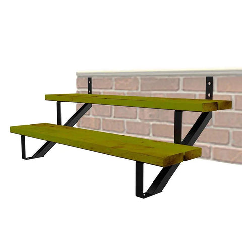 20 Inch Black Steel Stair Step Riser And 2 Step Metal Stair Stringer Kit For 20 Inch Deck And Outdoor Steps 2 Pack With Bolts For Easy Four Step Install mounted on brick wall.