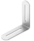 Ten Piece Brushed Stainless Steel L Brackets Showing Up In Three Inch Slotted Designs For Rock Solid Corner Reinforcement On Tables And Shelves That Will Never Back Down Under Heavy Loads.