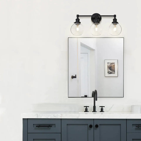 Three Light Industrial Black Vanity Light With Glass Shades For Bathroom And Kitchen Modern Wall Mount Vanity Fixture In Matte Black Finish Dope Rustic Farmhouse And Industrial Decor XB W1256 3 MB above bathroom sink