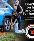 Person using Bottle Jack Buddy with car, showcasing "Three Inch Axle Saddle For Bottle Jacks Built Tough Safe No Nonsense Lifting Aid"
