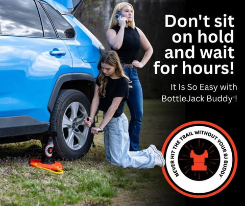 Person using Bottle Jack Buddy with car, showcasing "Three Inch Axle Saddle For Bottle Jacks Built Tough Safe No Nonsense Lifting Aid"