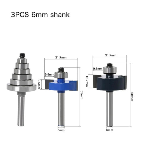 Awesome 3 Pc Quarter Inch Rabbet Router Bit Set With Six Bearings For Smooth Tenon Cutting and Versatile Woodworking Depth Adjustments showing three router bits with 6mm shanks.
