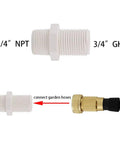 Three Quarter Inch PVC Rain Barrel Spigot Kit showing 3/4-inch NPT to GHT connector for garden hose adapter