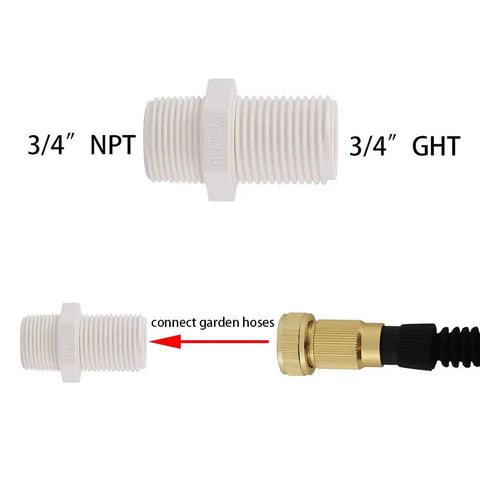 Three Quarter Inch PVC Rain Barrel Spigot Kit showing 3/4-inch NPT to GHT connector for garden hose adapter