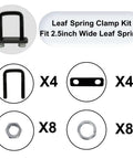 Heavy Duty Square U-Bolts 4 Pack Galvanized Clamp Set For Trailers And Trucks Fits 2.5 Inch Wide Leaf Springs Secure Fit Durable Black Hardware For Boat And Trailer Towing kit components displayed including U-bolts, clamps, and nuts.