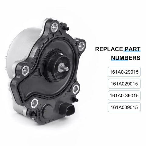Heavy Duty Electric Engine Water Pump Compatible With Toyota Prius Prius C Prius V And Lexus CT200h Hybrid Cooling System Replacement 161A029015 shown from side with clear part numbers.