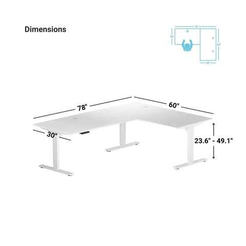 Rock Solid Electric L Shaped Standing Desk 78 By 60 Inches dimensions illustration showing adjustable height 23.6" to 49.1".