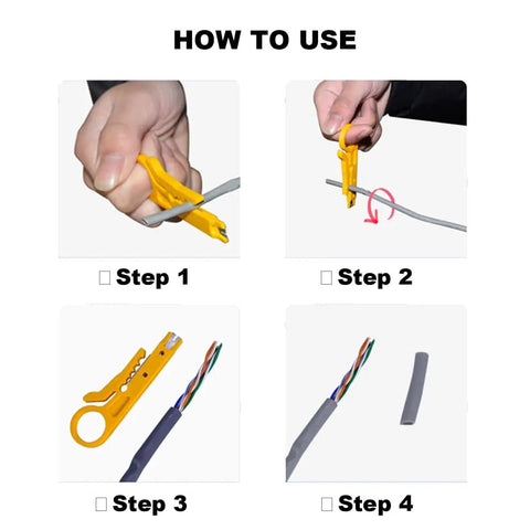 Steps for using 4 Pack Mini Wire Stripper And Crimping Tool Set For Network Cables Portable Punch Down Cutter for RJ45 Cat5 Cat6