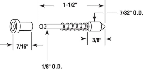 Window Screen Plunger Bolts 6 Pack Nylon Spring Fasteners Fits 3/8 To 7/16 Inch Frame detailed dimensions and design sketch.