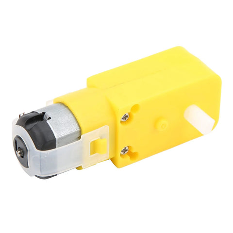 Robot motor module with yellow housing, silver gearbox, and mounting clip for DIY robot car