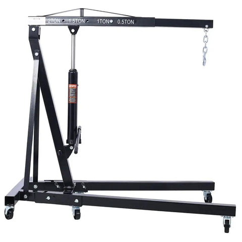 Hardcore 2 Ton Hydraulic Engine Hoist Cherry Picker Shop Crane with six rugged casters, heavy steel frame for lifting.