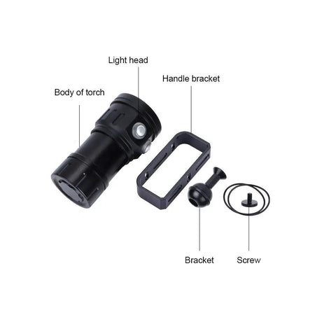 Parts of 18000 Lumen Diving Beast Flashlight IPX8 Underwater Light 500M Submersible LED Flashlight with aluminum body and accessories