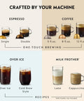 Vertuo Pop Plus Deluxe Coffee And Espresso Maker by DeLonghi in Black Matte brews espresso, coffee, and iced drinks with recipes shown.