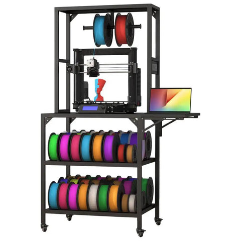 Solid As A Rock 4 Tier Rolling 3D Printer Stand with spools and laptop, ideal for creative workspaces.