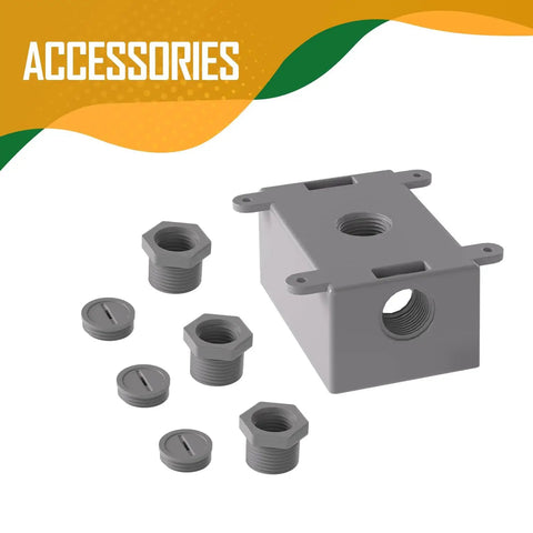 Weatherproof 1 Gang Electrical Outlet Box In Gray Beefed Up For Wet Locations Fits One Half Or Three Quarter Inch Conduit Includes Three Quarter Inch Reducer Bushings And Closure Plugs PVC Construction Corrosion Resistant UL Listed with reducer bushings and closure plugs.