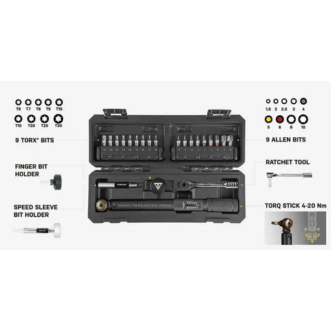 Open portable toolbox showing Torq Stick Pro 4-20 Nm Torque Wrench Kit with mini ratchet, magnetic holders, and 18-bit set.