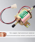 12V Inline Fuel Pump for Gas Engines with Low 2.5 to 4 PSI Universal Fit for Lawn Mowers and Carburetors, copper clad body