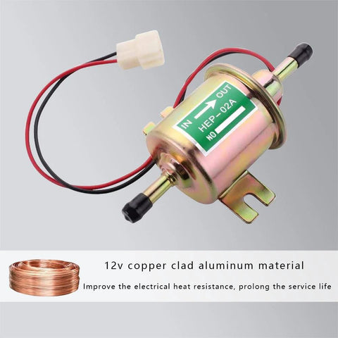 12V Inline Fuel Pump for Gas Engines with Low 2.5 to 4 PSI Universal Fit for Lawn Mowers and Carburetors, copper clad body