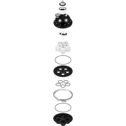 Exploded view of 5 Port Water Valve Kit for in-floor pool cleaning, showing components with 1.5 inch PVC fittings and pressure relief.