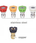 Front view of four color-coded pressure washer nozzle tips with stainless-steel connectors (red, orange, green, white).