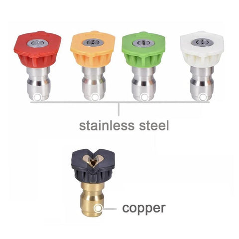 Front view of four color-coded pressure washer nozzle tips with stainless-steel connectors (red, orange, green, white).