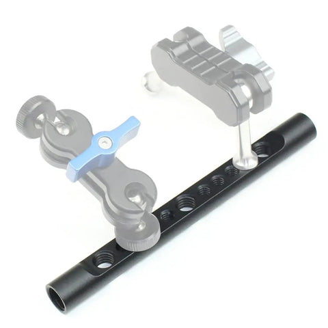 2 Pack 15mm Cheese Rod With M12 Threads And 1/4 3/8 Screw Holes, Aluminum Camera Rail Support for DSLR Rigs and Matte Boxes, close up showing connection details.