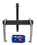 MANNIFEN 2-jaw gear puller, front view; black crossbar, silver arms, long central bolt for pulley removal.