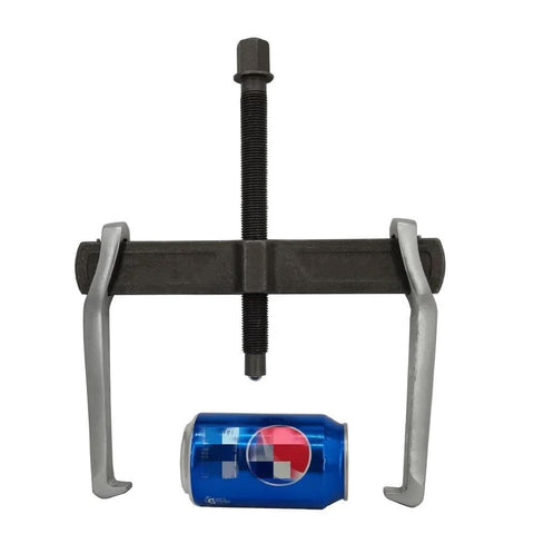 MANNIFEN 2-jaw gear puller, front view; black crossbar, silver arms, long central bolt for pulley removal.