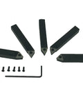 Quick Change Tool Post Holder Set Pro Grade With Nine Pieces Three Eighths Inch Boring Bar And Five Indexable Carbide Inserts Turning Tool Bits Kit For 7x10 7x12 And 7x14 Mini Lathes, showing five black carbide inserts with screws and hex key.