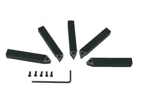 Quick Change Tool Post Holder Set Pro Grade With Nine Pieces Three Eighths Inch Boring Bar And Five Indexable Carbide Inserts Turning Tool Bits Kit For 7x10 7x12 And 7x14 Mini Lathes, showing five black carbide inserts with screws and hex key.