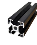 Close-up of Black Slot Aluminum Extrusions Set For Frame Building With 3030 3060 4040 4080 Profiles, pro-grade and corrosion resistant.