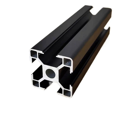 Close-up of Black Slot Aluminum Extrusions Set For Frame Building With 3030 3060 4040 4080 Profiles, pro-grade and corrosion resistant.
