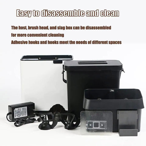 Electric Coffee Portafilter Cleaner With Built In Knock Box For Espresso Stations and accessories on clean background.
