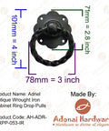 Antique Wrought Iron Cabinet Ring Drop Pulls Matte Black Finish 2 Pack with dimensions 2.7 x 2.7 x 1.8 inches, vintage design.