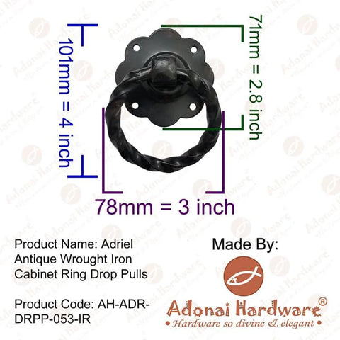 Antique Wrought Iron Cabinet Ring Drop Pulls Matte Black Finish 2 Pack with dimensions 2.7 x 2.7 x 1.8 inches, vintage design.