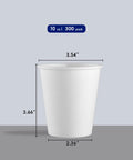 300 Pack Disposable Coffee Cups, 10 Oz White Hot Beverage Cups For Party, Office, Home, Travel, Sturdy Leak Proof Rolled Rim Paper Cups With Thick Walls And Poly Lining shown with dimensions