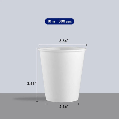 300 Pack Disposable Coffee Cups, 10 Oz White Hot Beverage Cups For Party, Office, Home, Travel, Sturdy Leak Proof Rolled Rim Paper Cups With Thick Walls And Poly Lining shown with dimensions