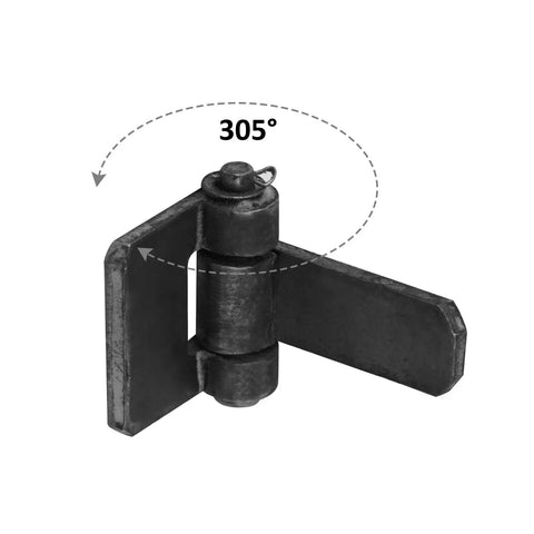 Close-up of a Six Pack Heavy Duty Weld On Door Hinge showing 305 degree swing, made of solid steel for fences and gates.