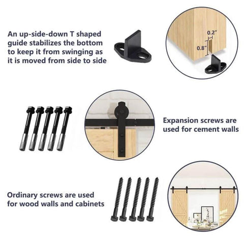 Heavy Duty 12 Foot Sliding Barn Door Hardware Kit For Double Doors With Ultra Quiet Smooth Operation And Easy Install Track System Featuring Basic I Pulley Carbon Steel Frosted Black Finish No Door Included showing installation components and screws.