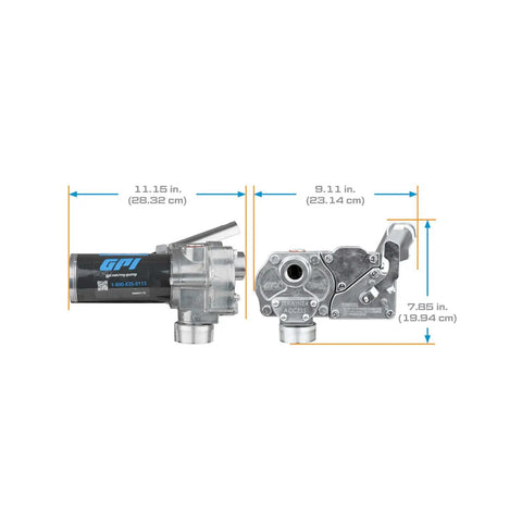 Built Tough 12V Direct Mount Fuel Transfer Pump 15 GPM for gasoline, diesel, kerosene showing dimensions and sturdy design.