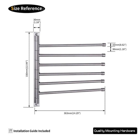 Dimensions of Six Arm Swing Arm Towel Bar Wall Mount Rack In Brushed Stainless Steel showing 6 swinging arms