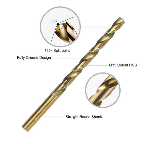 Close-up of M35 cobalt HSS drill bit with 135° split point from 13 Piece Cobalt Drill Bit Set With M35 HSS 135 Degree Point Twist Jobber Length.